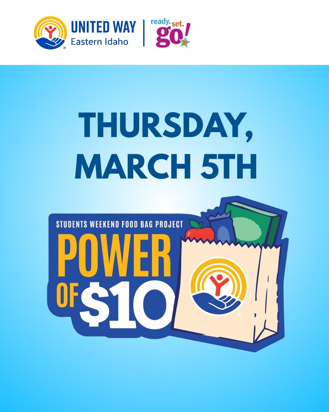 The Power of $10 logo with words "Join us in the fight against child hunger" and a QR code to a donation site.