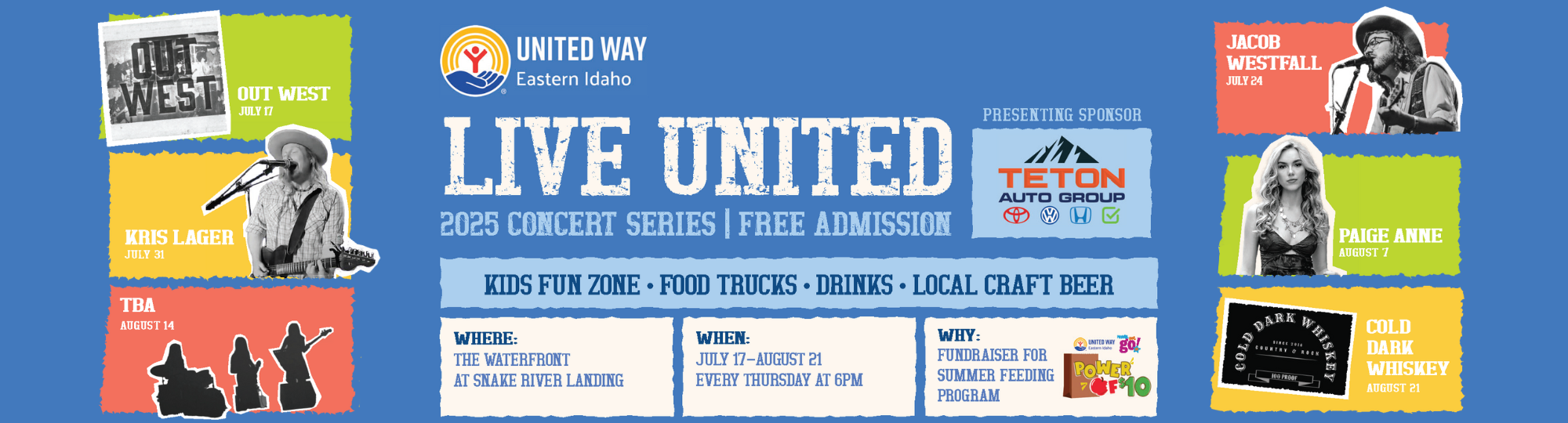 2025 LIVE United Summer Concert Series happening every Thursday at 6 PM starting July 17 at the Waterfront at Snake River Landing.